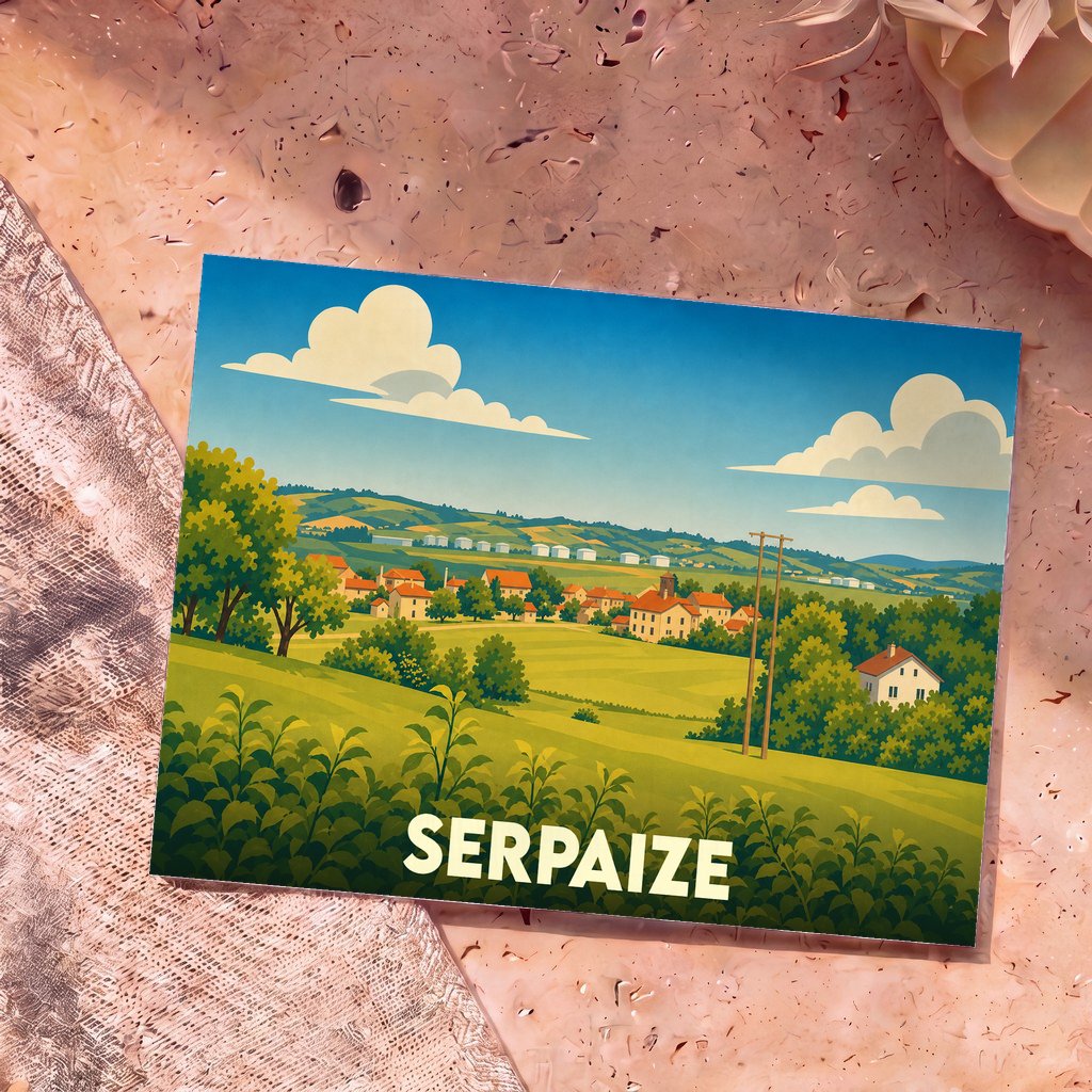 Carte postale souvenir de la ville de Serpaize avec une illustration stylisée de son paysage rural.