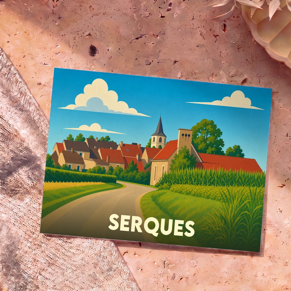 Carte postale souvenir de la ville de Serques avec une illustration stylisée d'un village rural sous un ciel bleu.