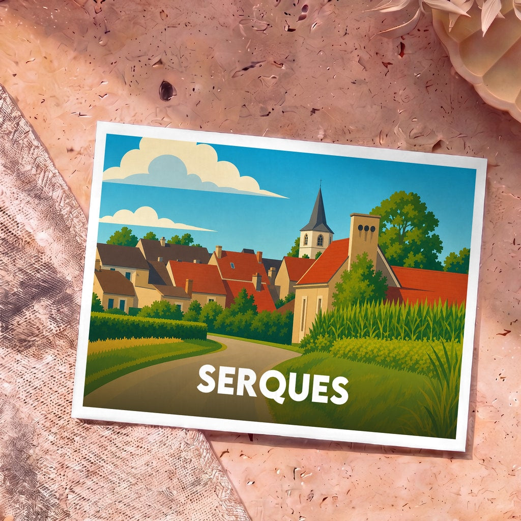 Carte postale souvenir de la ville de Serques avec une illustration stylisée d'un village rural sous un ciel bleu.