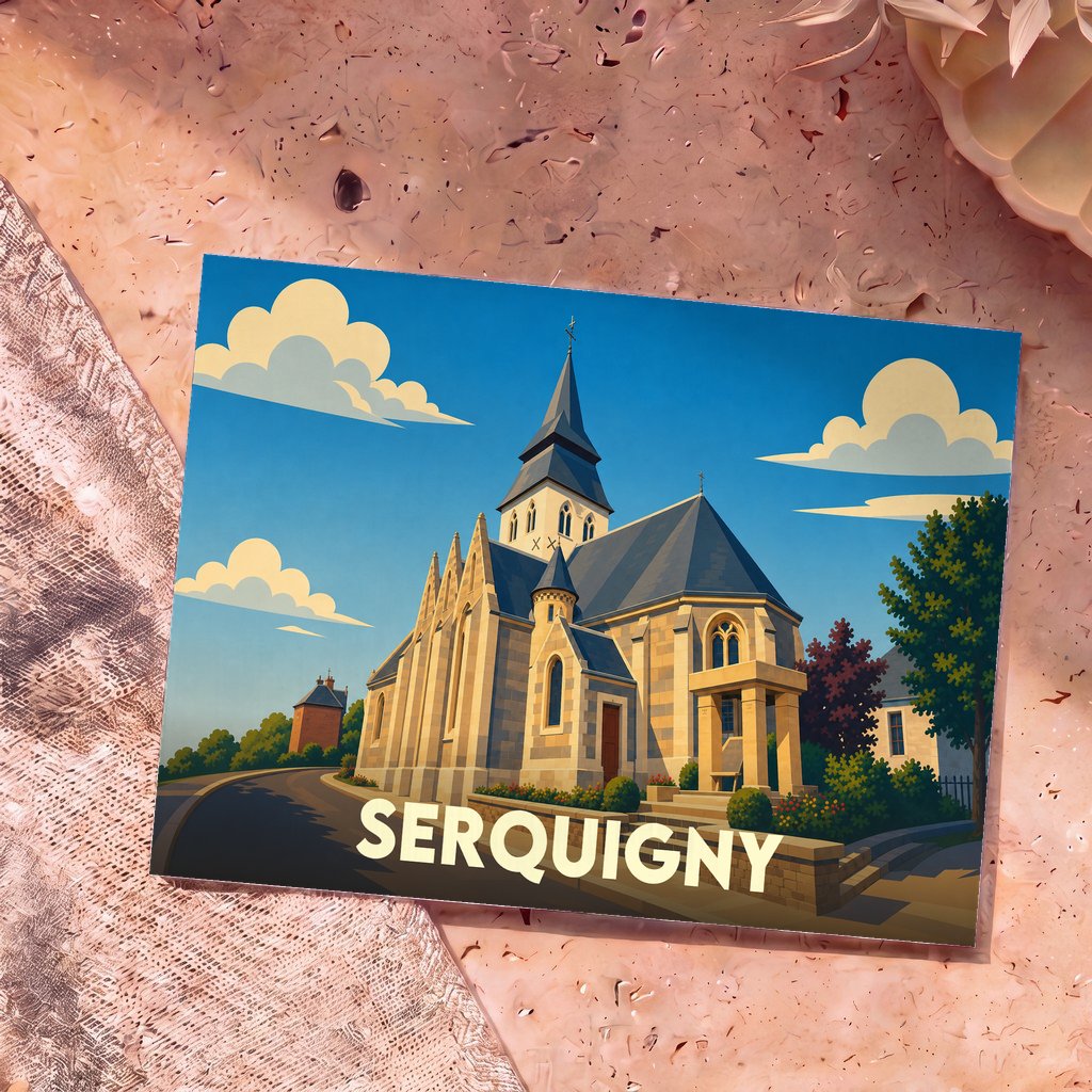 Carte postale souvenir de la ville de Serquigny avec une illustration stylisée de son église sous un ciel azur.