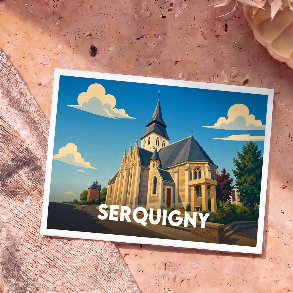 Carte postale souvenir de la ville de Serquigny avec une illustration stylisée de son église sous un ciel azur.
