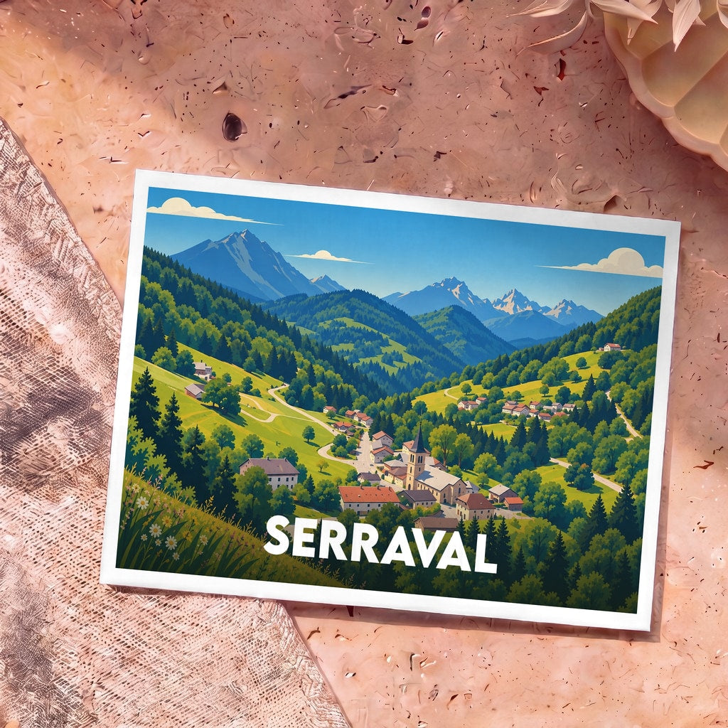 Carte postale souvenir de la ville de Serraval avec une illustration stylisée d'un village de montagne.