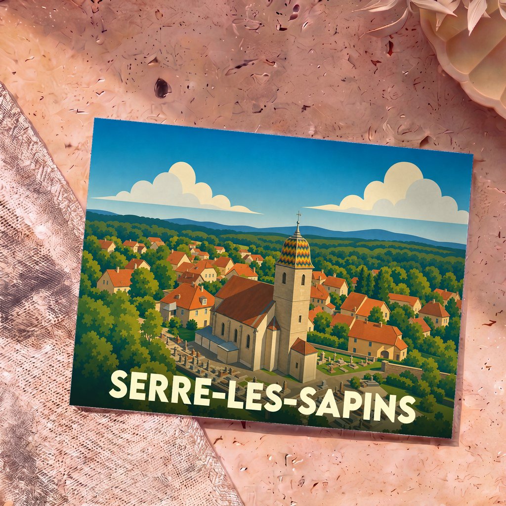 Carte postale souvenir de la ville de Serre-les-Sapins avec une illustration stylisée de son église et de ses paysages verdoyants.