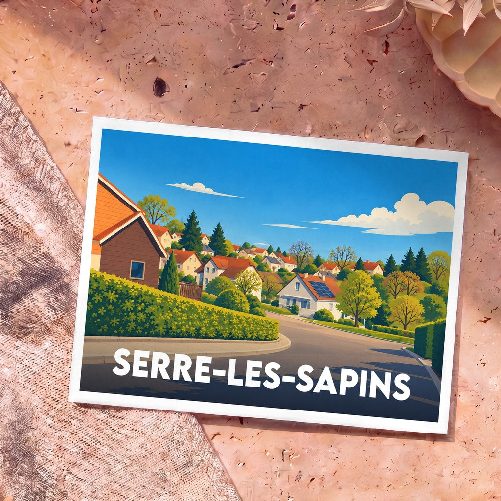 Carte postale souvenir de la ville de Serre-les-Sapins avec une illustration stylisée.