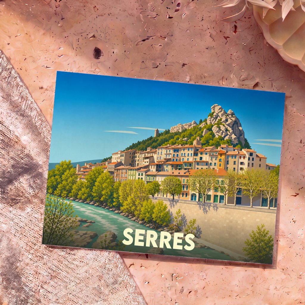 Carte postale souvenir de la ville de Serres illustrant son village perché au bord de l'eau dans un style graphique épuré.