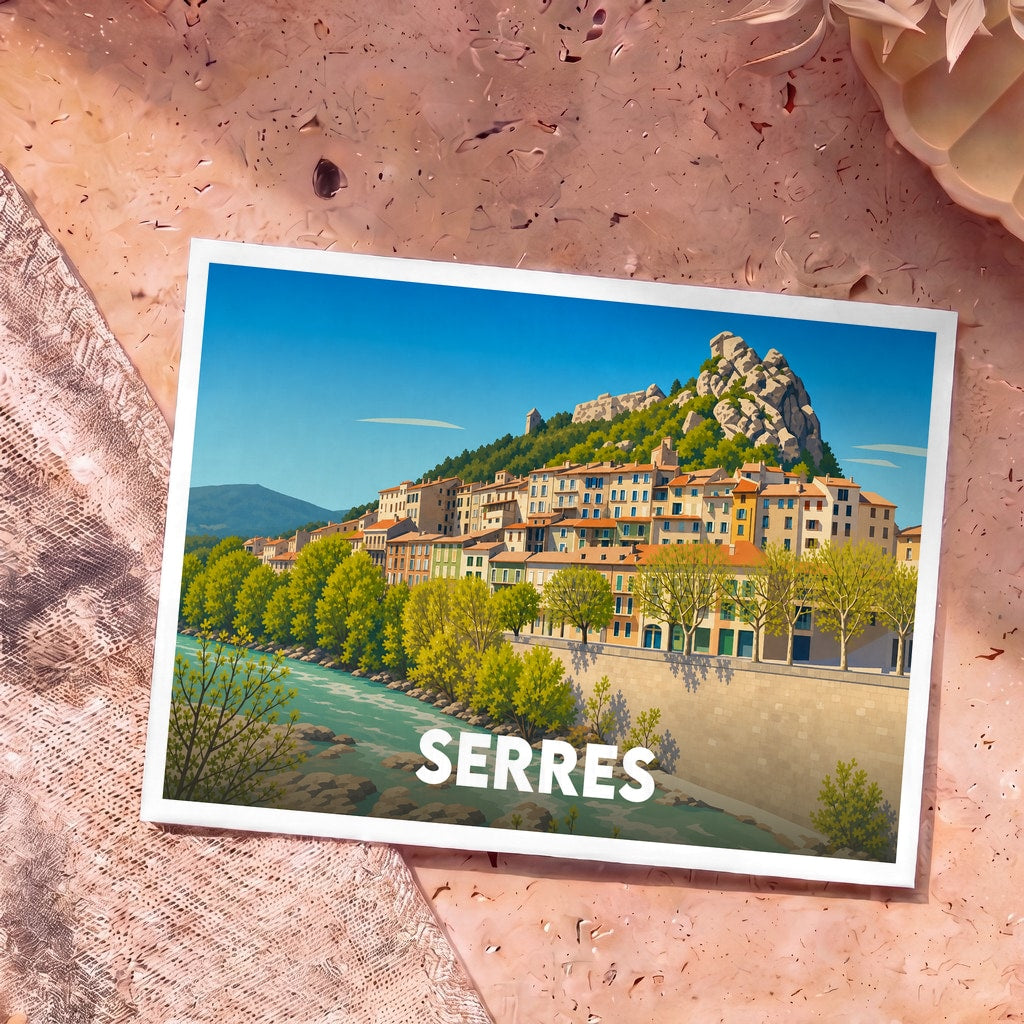Carte postale souvenir de la ville de Serres illustrant son village perché au bord de l'eau dans un style graphique épuré.