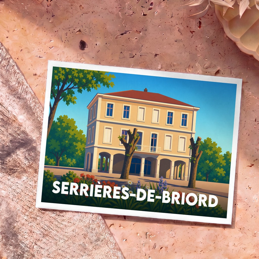 Carte postale souvenir de la ville de Serrières-de-Briord avec une illustration stylisée d'un bâtiment historique.