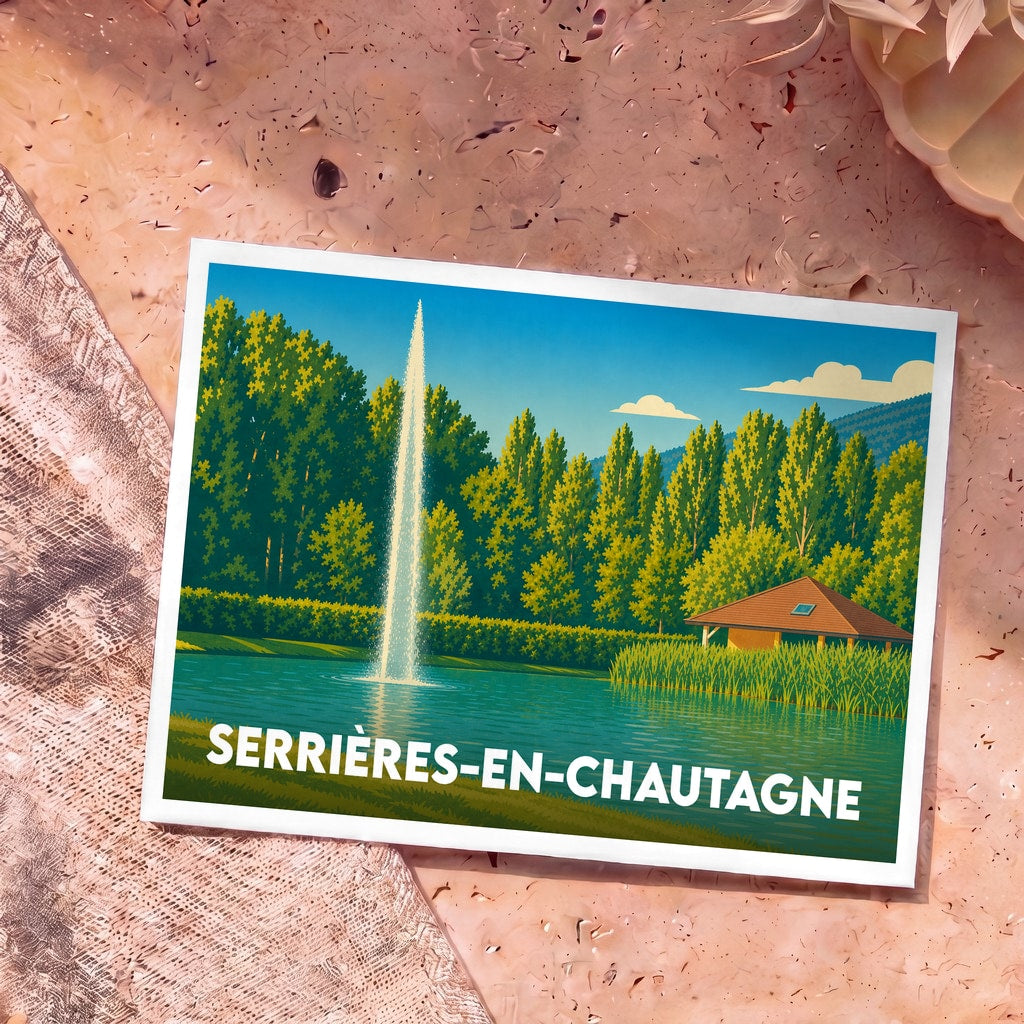 Carte postale souvenir de la ville de Serrières-en-Chautagne avec une illustration stylisée d'un plan d'eau et de son jet d'eau.