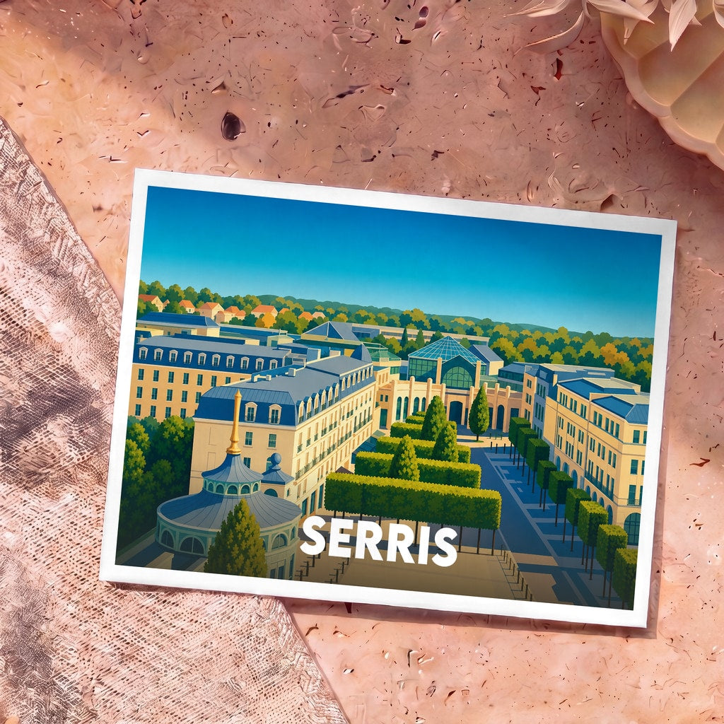 Carte postale souvenir de la ville de Serris avec une illustration stylisée de son architecture urbaine.