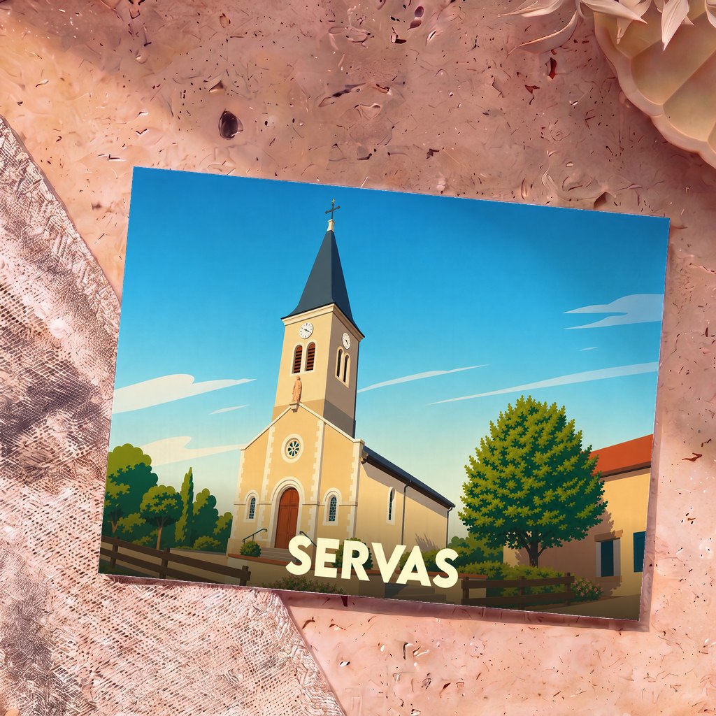 Carte postale souvenir de la ville de Servas avec une illustration stylisée de son église.