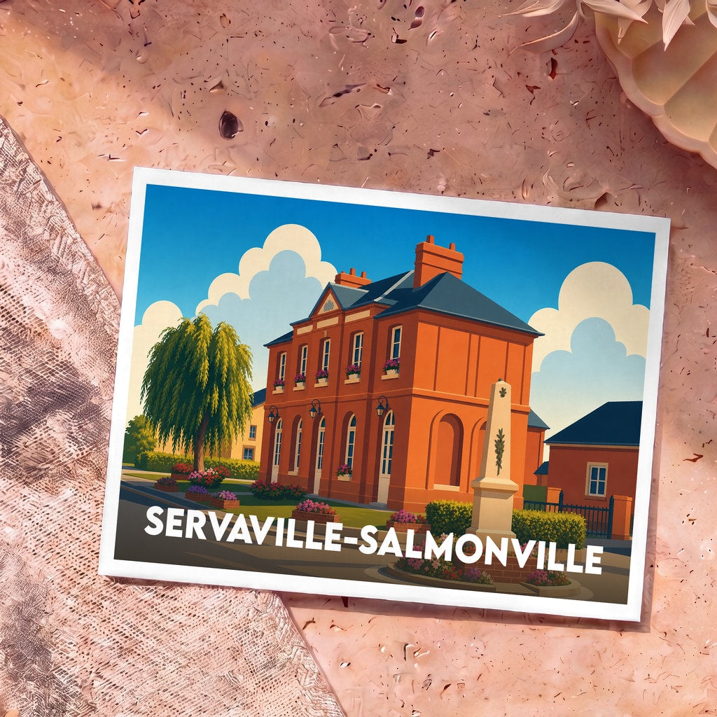 Carte postale souvenir de la ville de Servaville-Salmonville illustrant sa mairie et son monument aux morts dans un style épuré.
