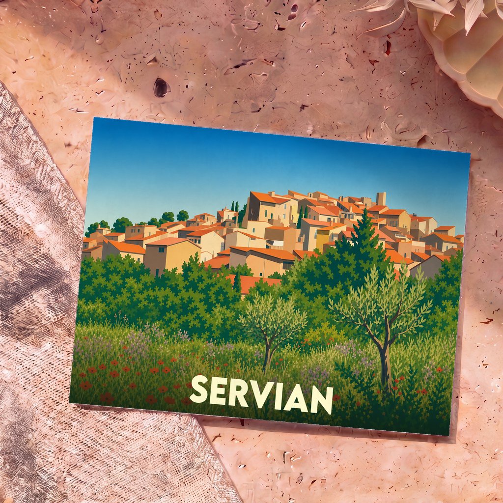 Carte postale souvenir de la ville de Servian avec une illustration colorée et stylisée d'un village méditerranéen.