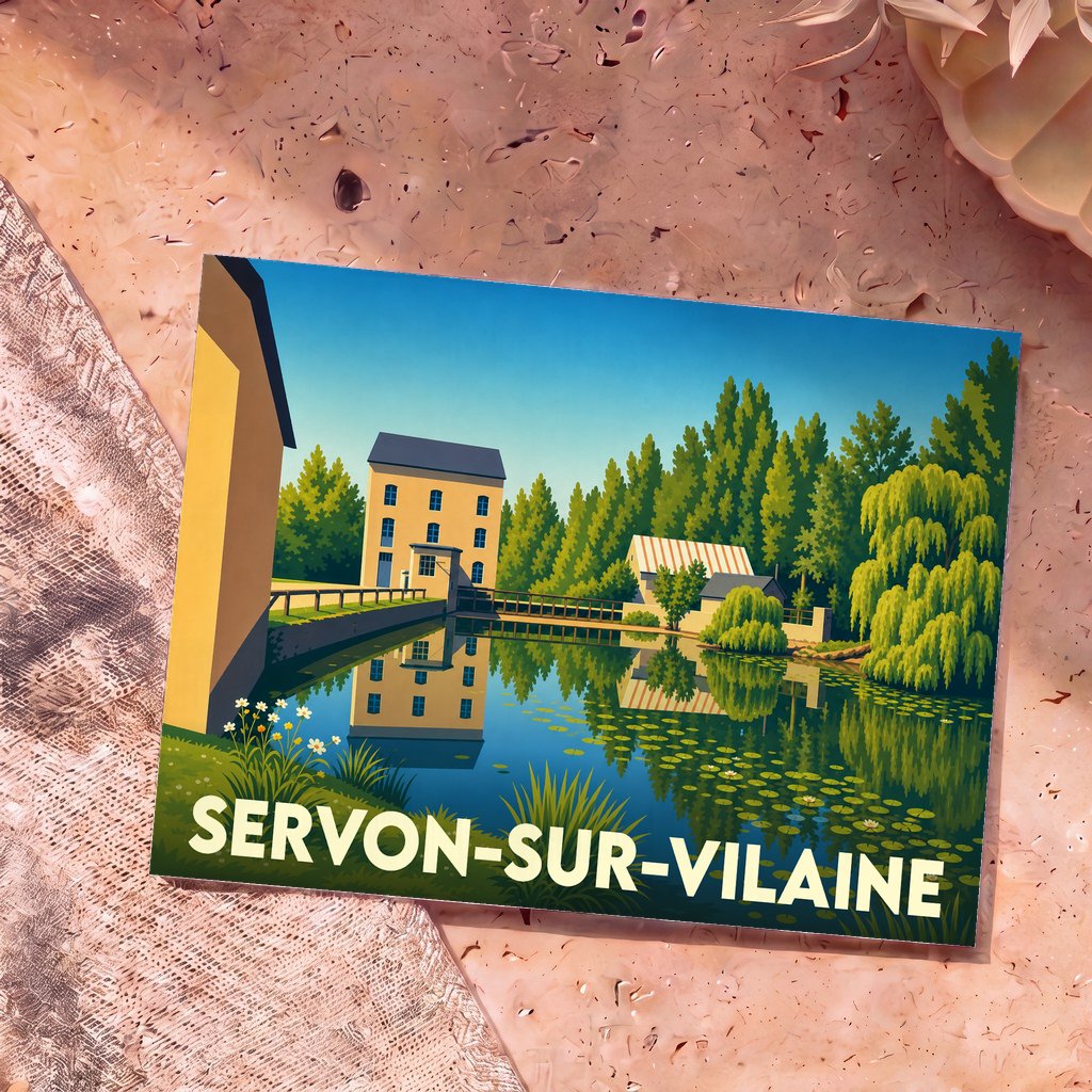 Carte postale souvenir de Servon-sur-Vilaine avec une illustration stylisée d'un moulin au bord de l'eau.
