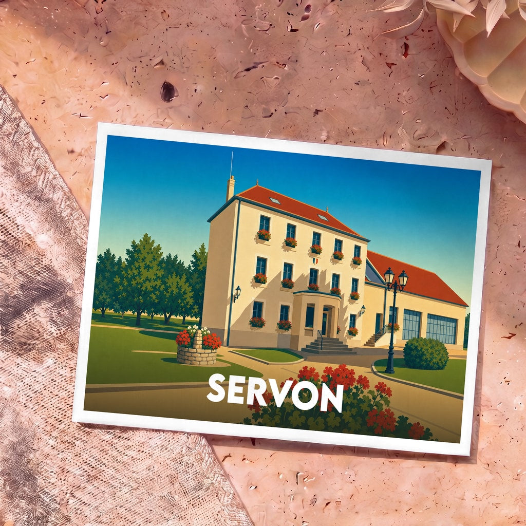 Carte postale souvenir de la ville de Servon avec une illustration stylisée de sa mairie.