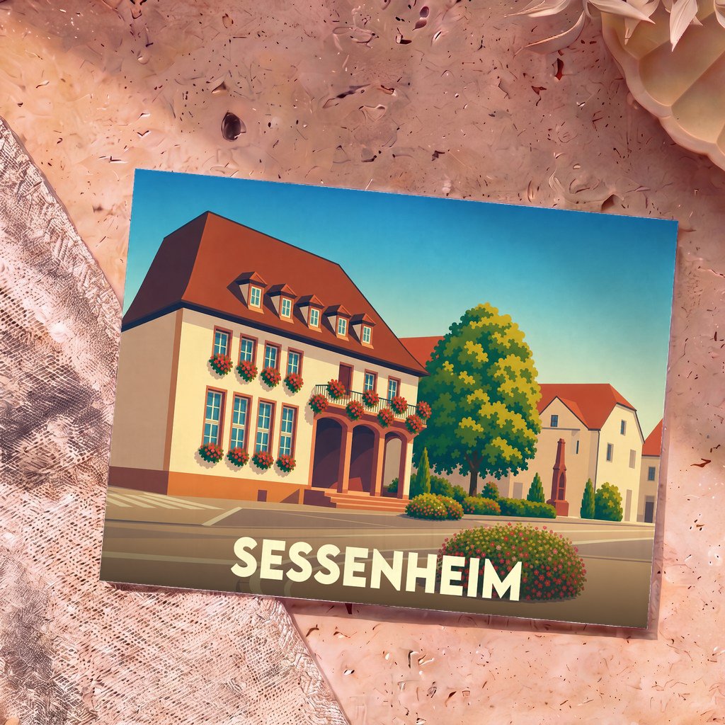 Carte postale souvenir de la ville de Sessenheim avec une illustration stylisée d'un bâtiment fleuri.
