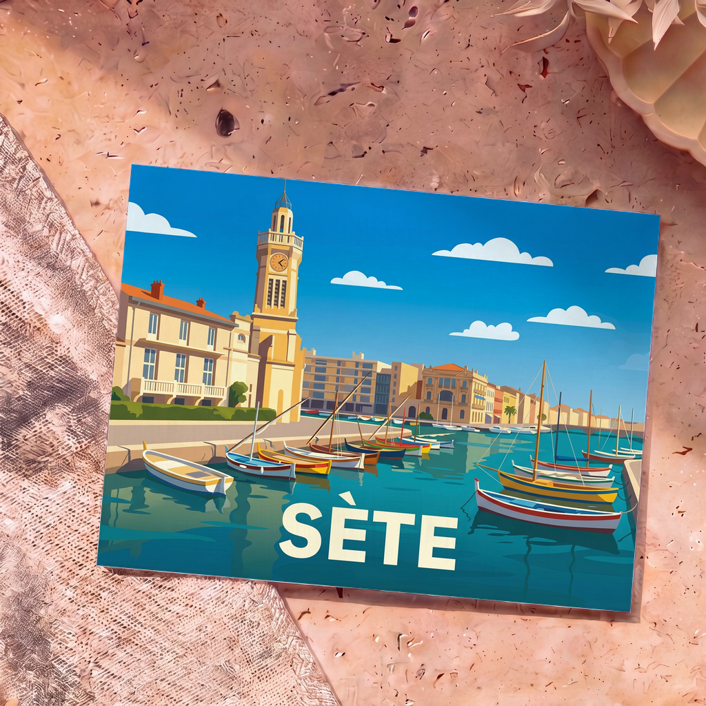 Carte postale souvenir de la ville de Sète avec une illustration stylisée de son port et de son clocher.