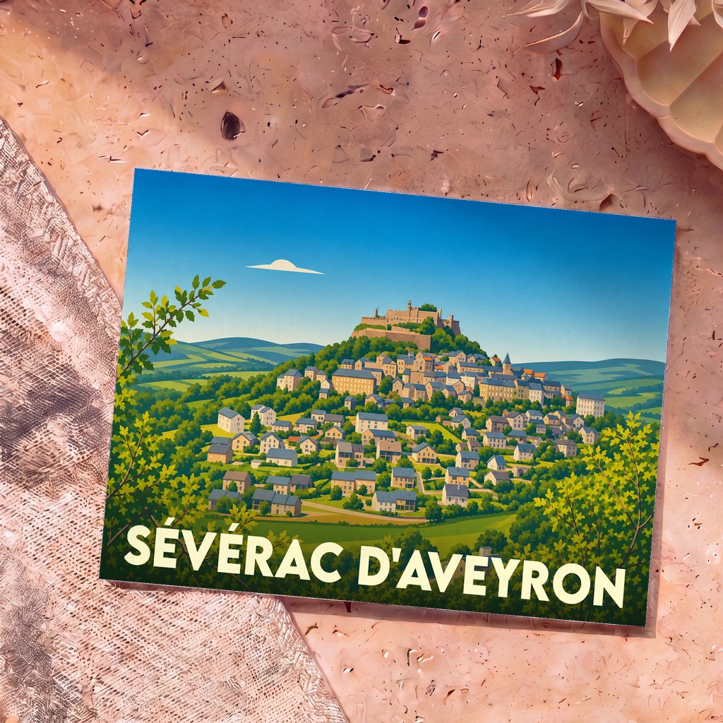 Carte postale souvenir de la ville de Sévérac d'Aveyron avec une illustration stylisée de son château et de son village médiéval.