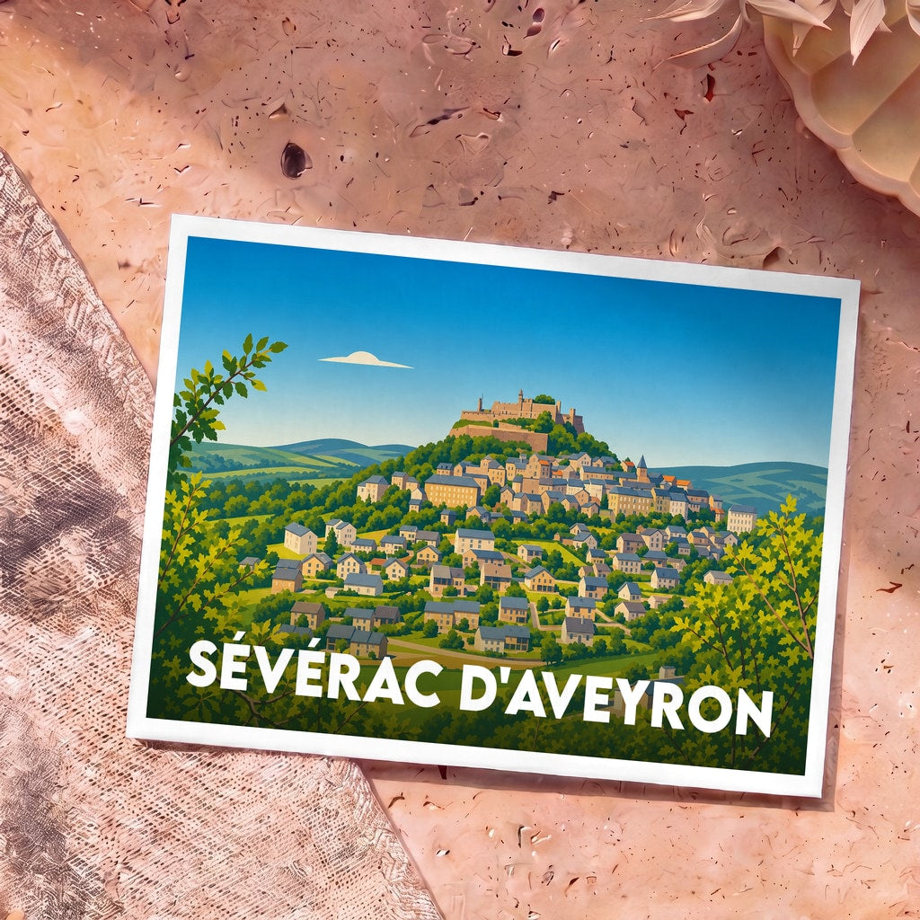 Carte postale souvenir de la ville de Sévérac d'Aveyron avec une illustration stylisée de son château et de son village médiéval.