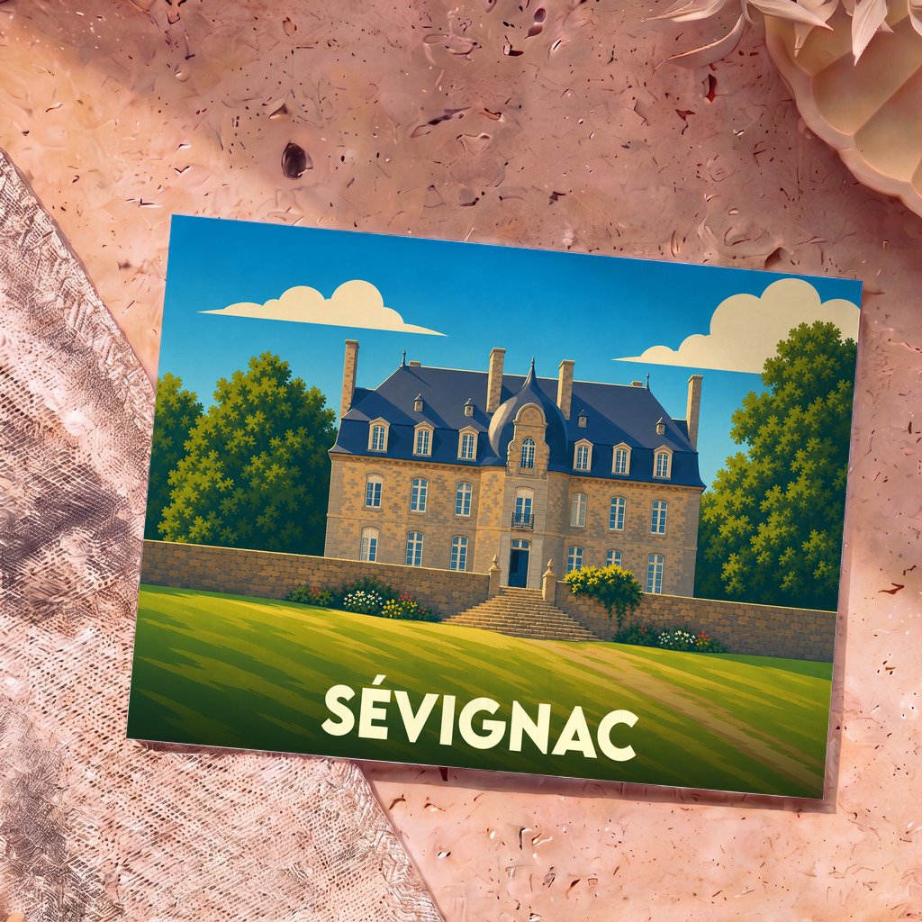 Carte postale souvenir de la ville de Sévignac avec une illustration stylisée d'un manoir breton.