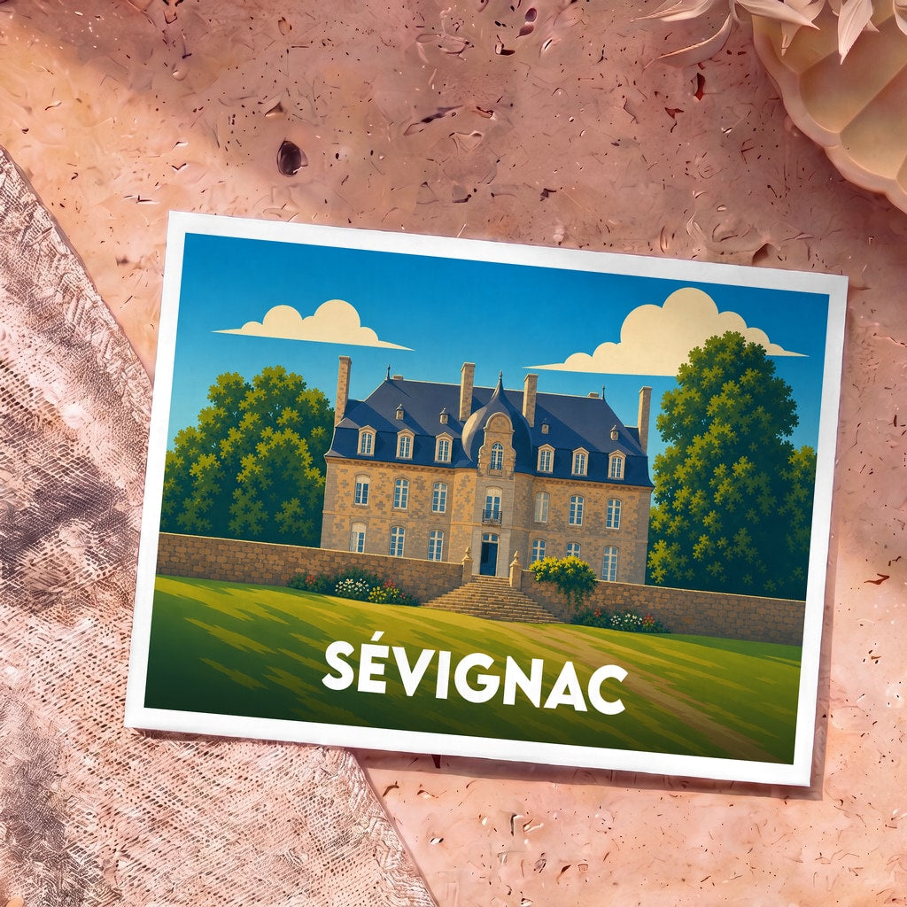 Carte postale souvenir de la ville de Sévignac avec une illustration stylisée d'un manoir breton.