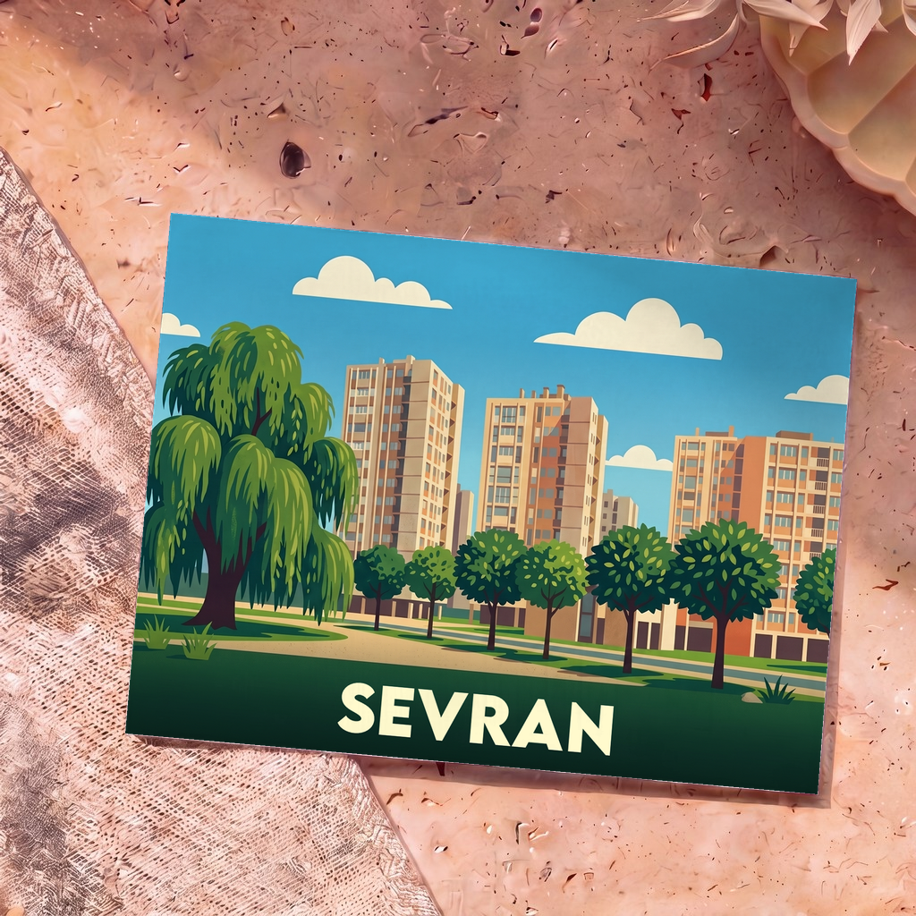 Carte postale souvenir de la ville de Sevran avec une illustration stylisée de ses immeubles et espaces verts.