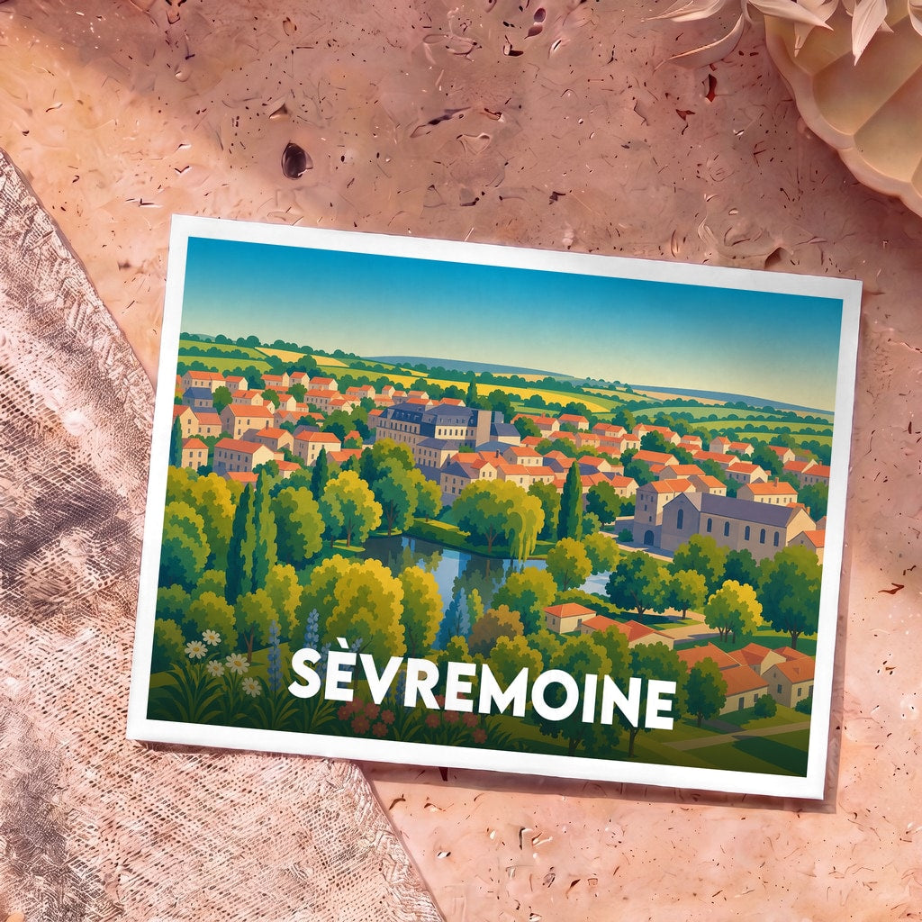 Carte postale souvenir de la ville de Sèvremoine avec une illustration stylisée d'un paysage urbain verdoyant.