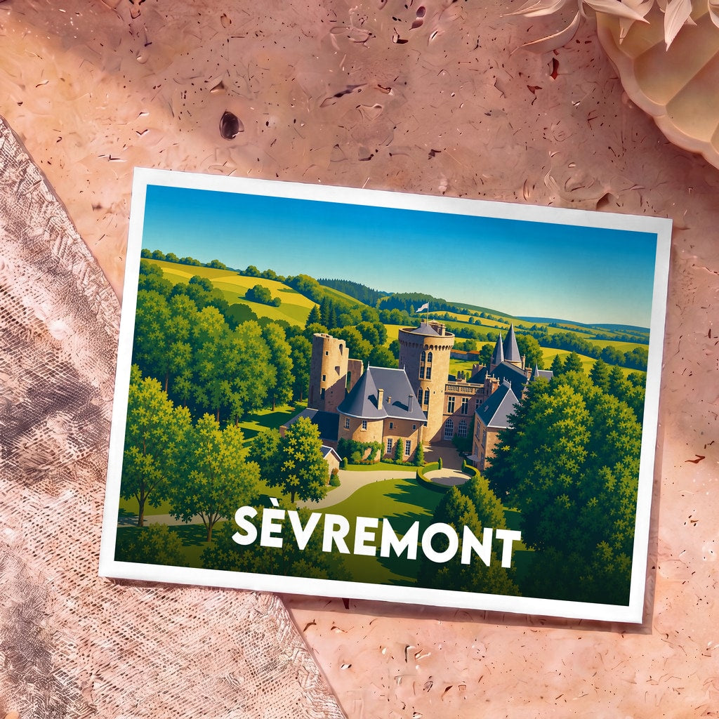 Carte postale souvenir de la ville de Sèvremont illustrant un château entouré d'une nature verdoyante.