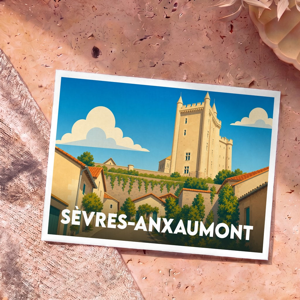 Carte postale souvenir de Sèvres-Anxaumont arborant une illustration stylisée d'un château surplombant le village.