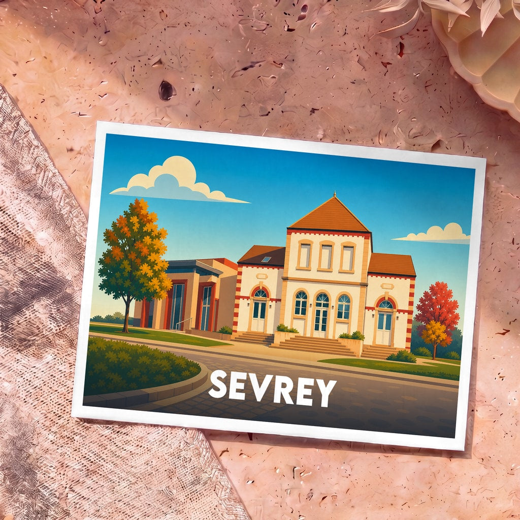 Carte postale souvenir de la ville de Sevrey avec une illustration stylisée de sa mairie sous un ciel bleu.
