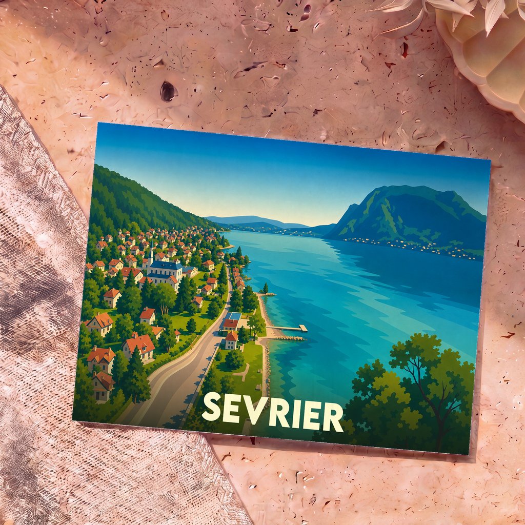 Carte postale souvenir de la ville de Sevrier illustrant un paysage coloré entre lac et montagnes.
