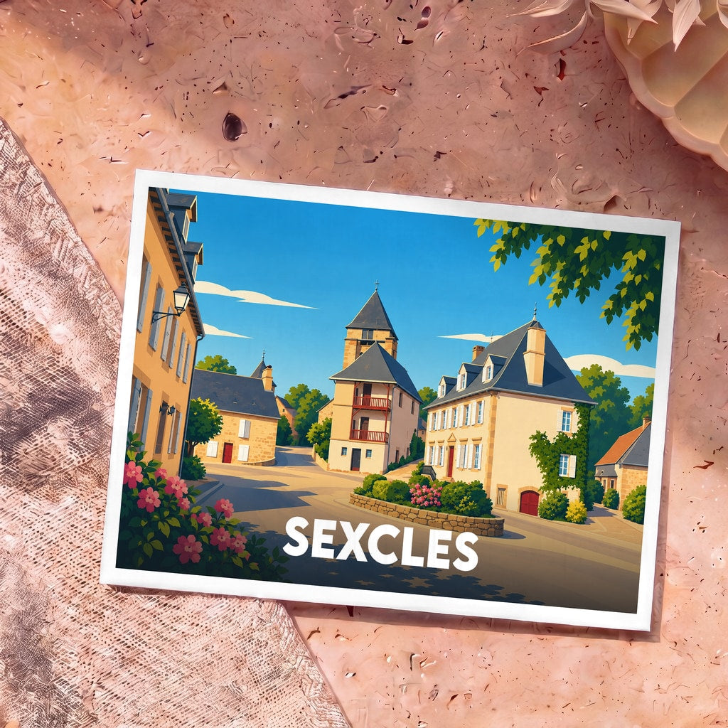 Carte postale souvenir de la ville de Sexcles avec une illustration stylisée.