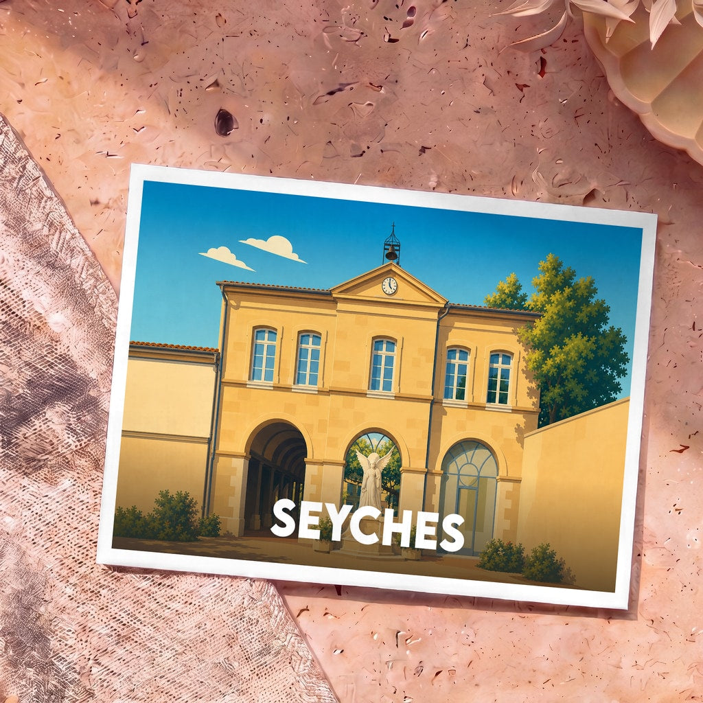 Carte postale souvenir de la ville de Seyches avec une illustration stylisée d'un bâtiment historique.