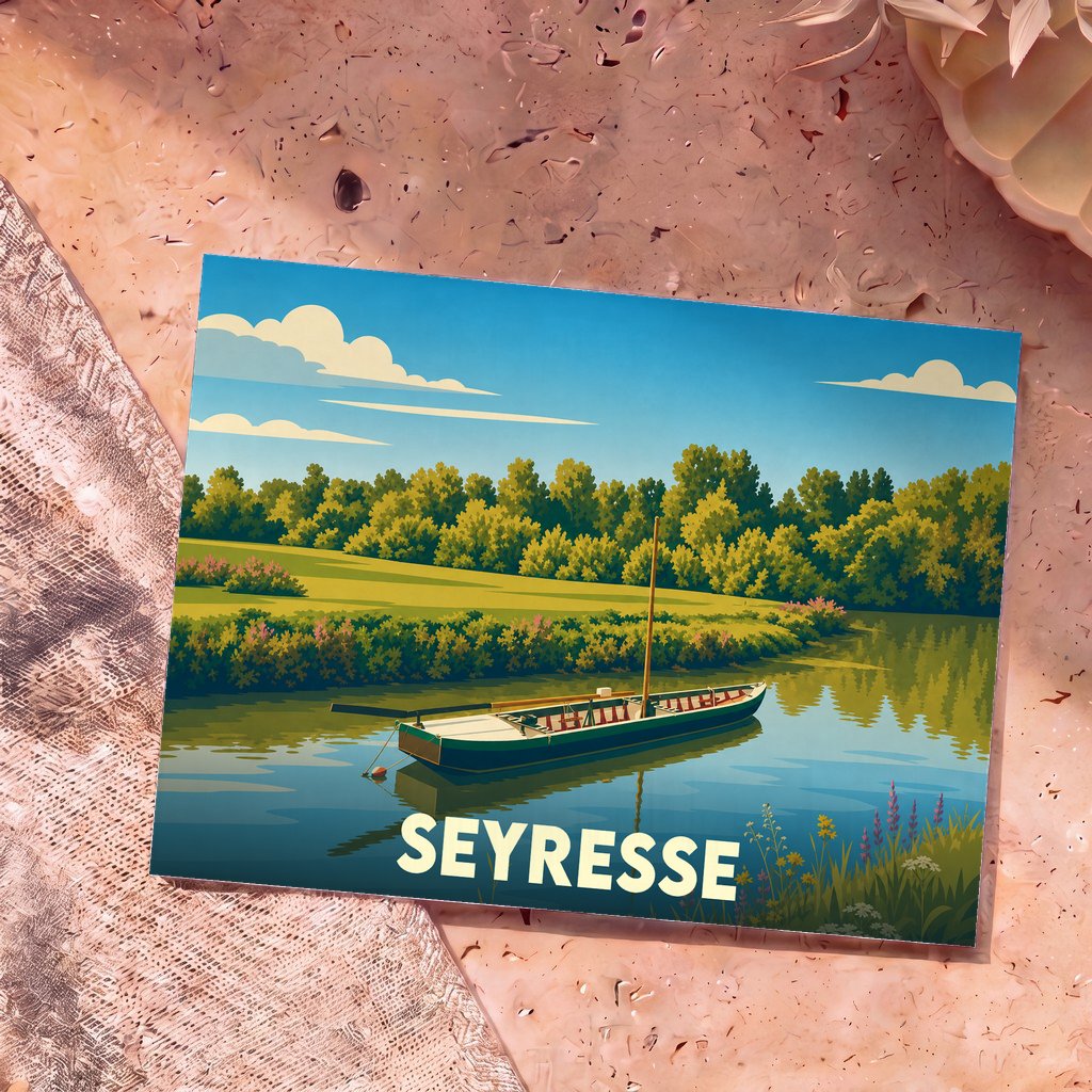 Carte postale souvenir de la ville de Seyresse illustrant une barque sur une rivière calme bordée de verdure.