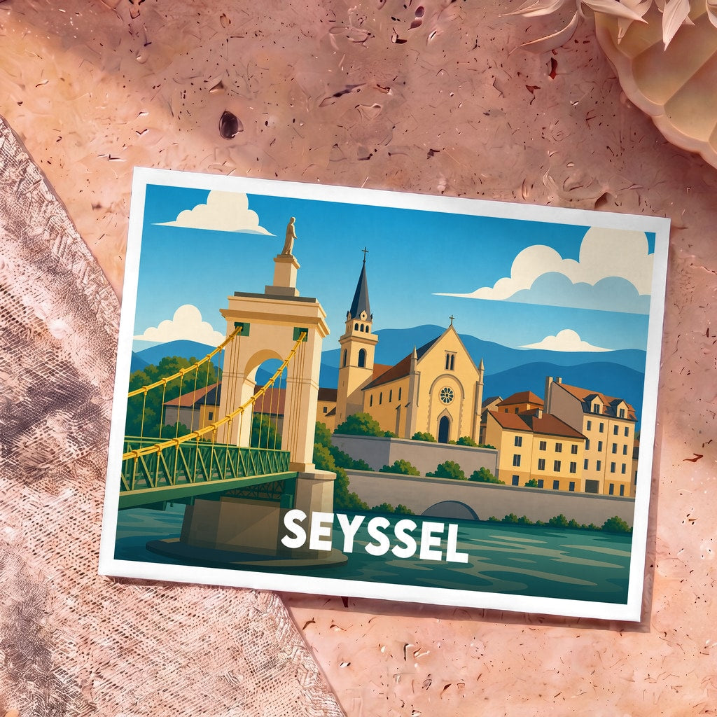 Carte postale souvenir de la ville de Seyssel avec une illustration stylisée de son pont suspendu et de son église en bord de Rhône.