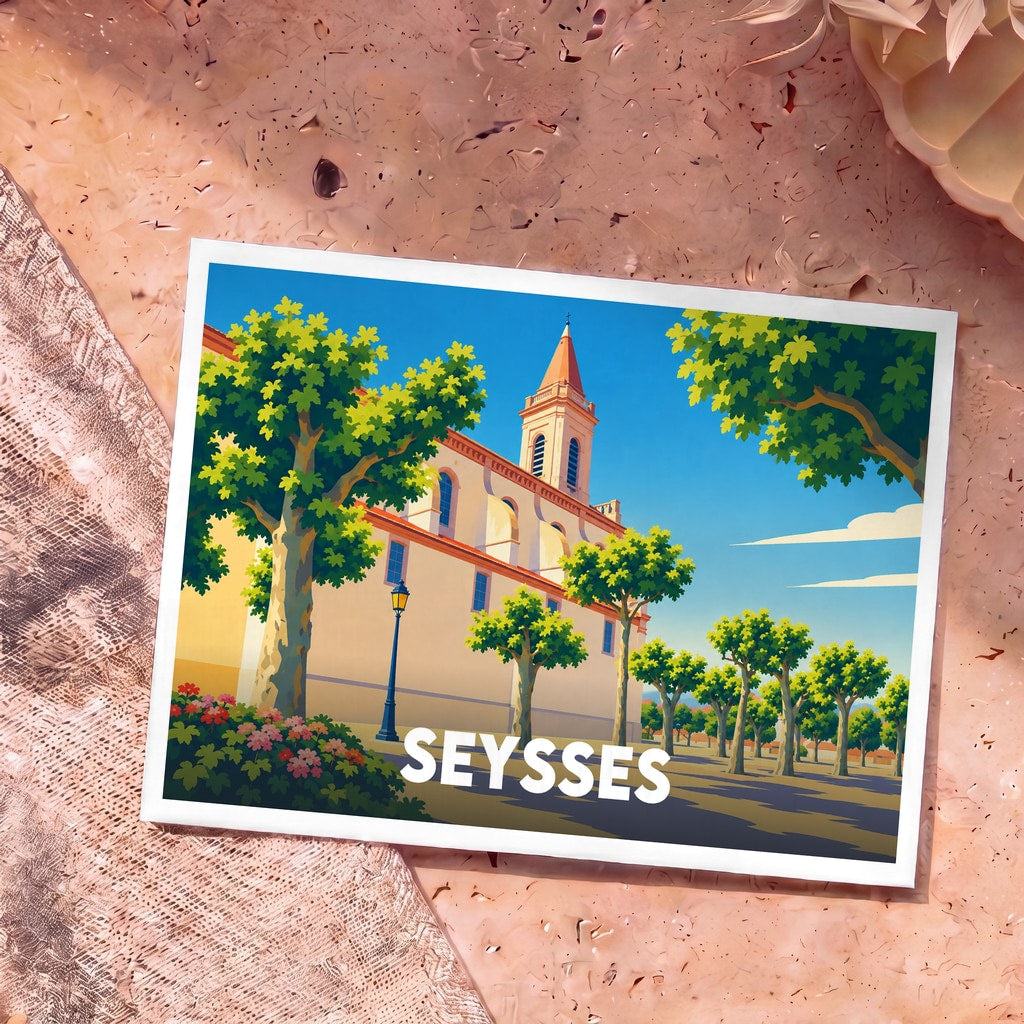 Carte postale souvenir de la ville de Seysses arborant une illustration stylisée de son église sous un ciel bleu.
