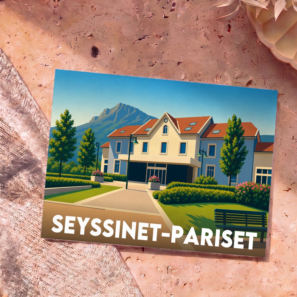 Carte postale souvenir de la ville de Seyssinet-Pariset avec une illustration stylisée d'un bâtiment devant une montagne.