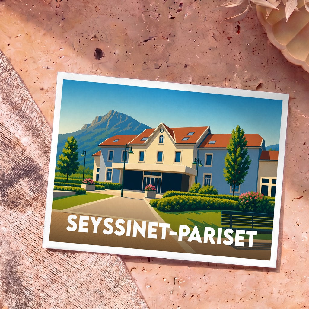 Carte postale souvenir de la ville de Seyssinet-Pariset avec une illustration stylisée d'un bâtiment devant une montagne.
