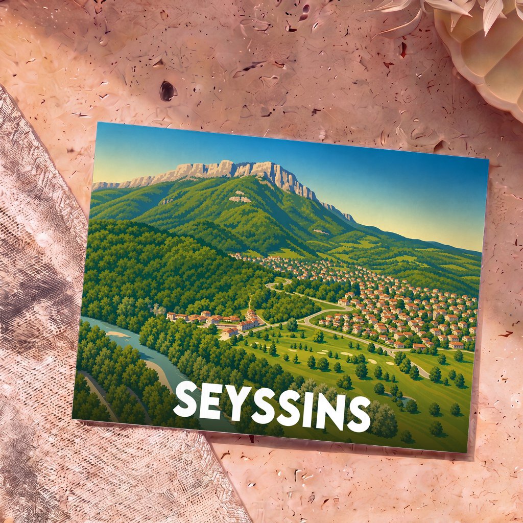 Carte postale souvenir de la ville de Seyssins avec une illustration stylisée d'un paysage de montagne verdoyant.