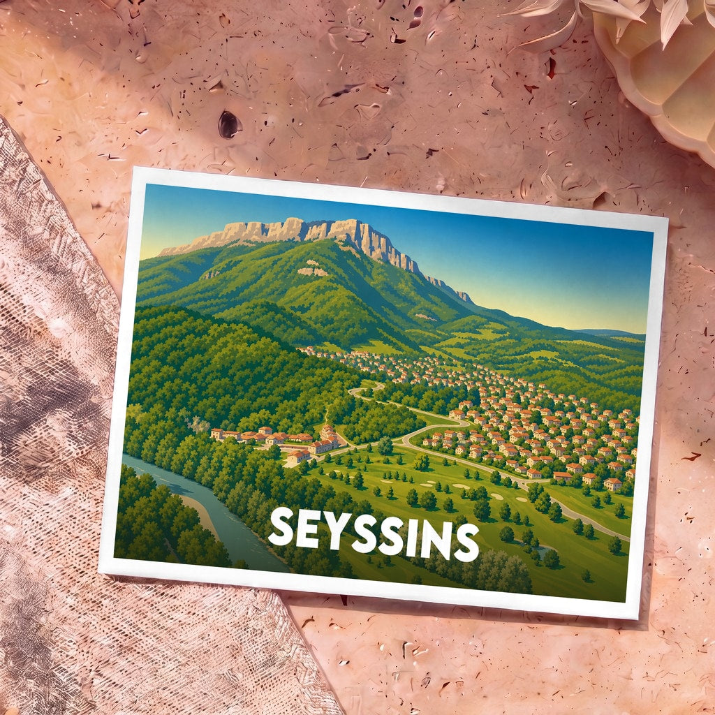 Carte postale souvenir de la ville de Seyssins avec une illustration stylisée d'un paysage de montagne verdoyant.