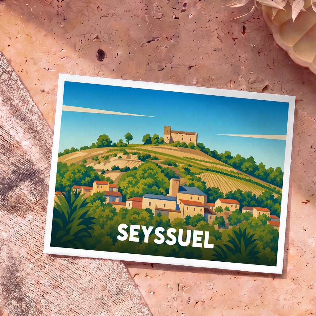 Carte postale souvenir de la ville de Seyssuel arborant une illustration stylisée et colorée de ses paysages vallonnés.