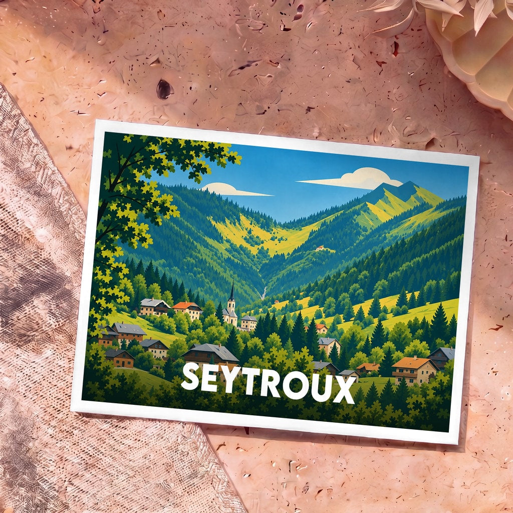 Carte postale souvenir de la ville de Seytroux avec une illustration stylisée d'un village de montagne.