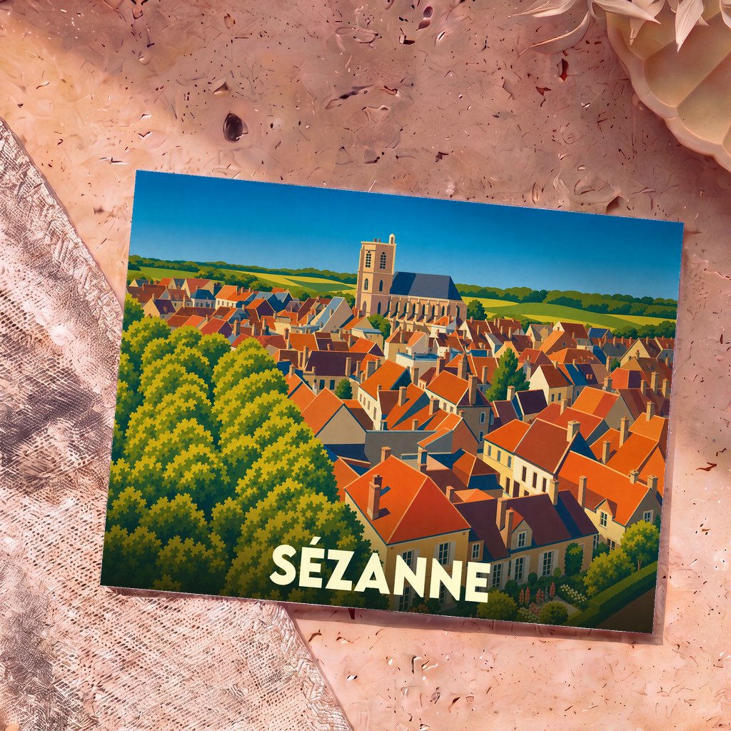 Carte postale souvenir de la ville de Sézanne avec une illustration colorée et stylisée de ses toits.