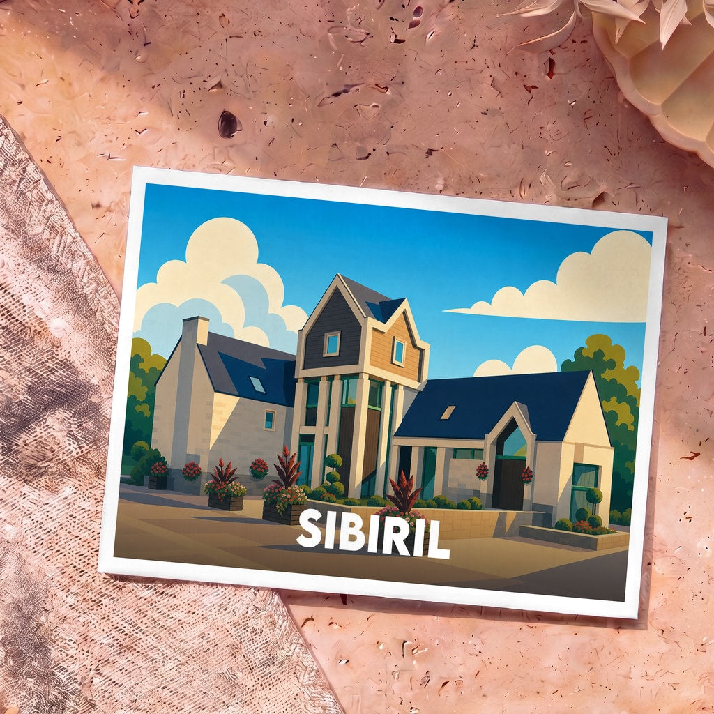 Carte postale souvenir de la ville de Sibiril avec une illustration stylisée d'une maison moderne sous un ciel nuageux.