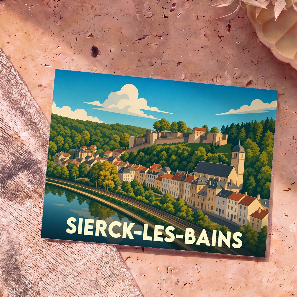 Carte postale souvenir de la ville de Sierck-les-Bains avec une illustration stylisée de son château et de ses maisons en bord de Moselle.