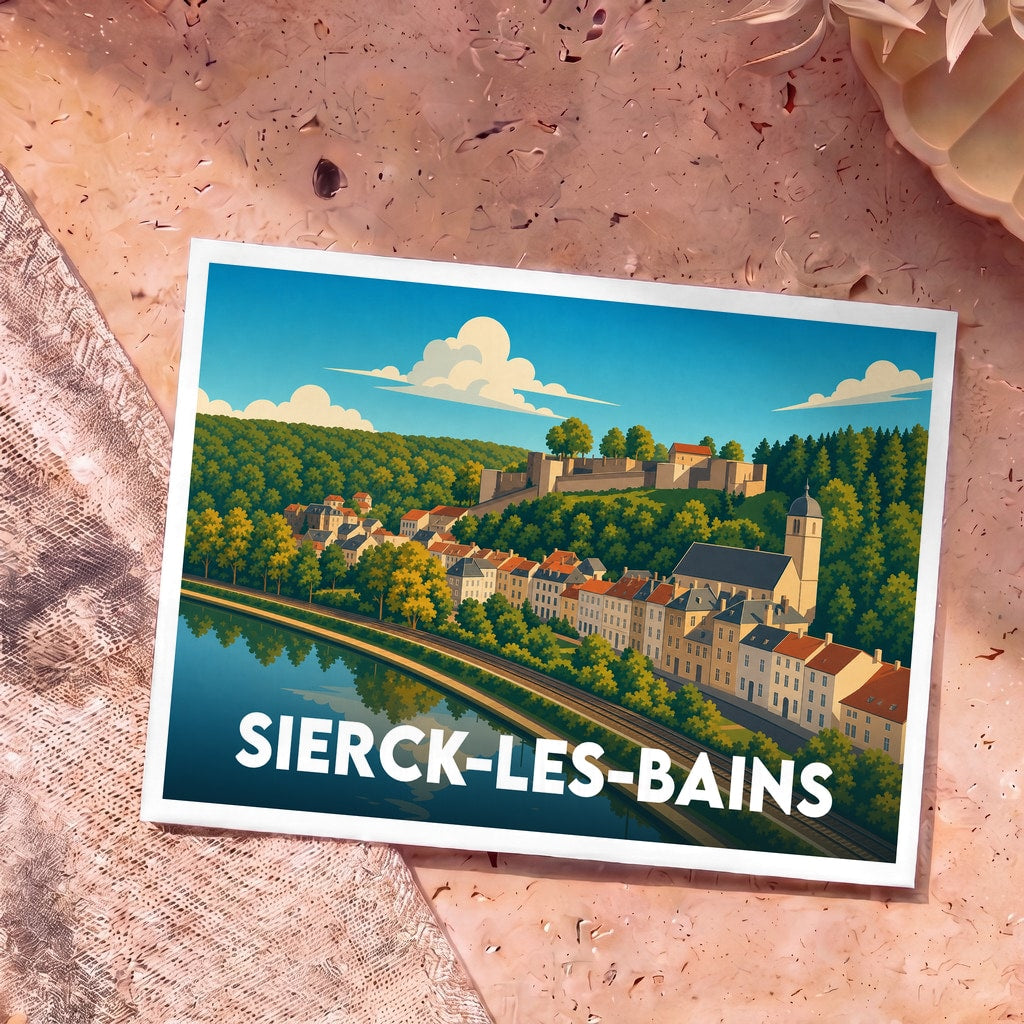 Carte postale souvenir de la ville de Sierck-les-Bains avec une illustration stylisée de son château et de ses maisons en bord de Moselle.