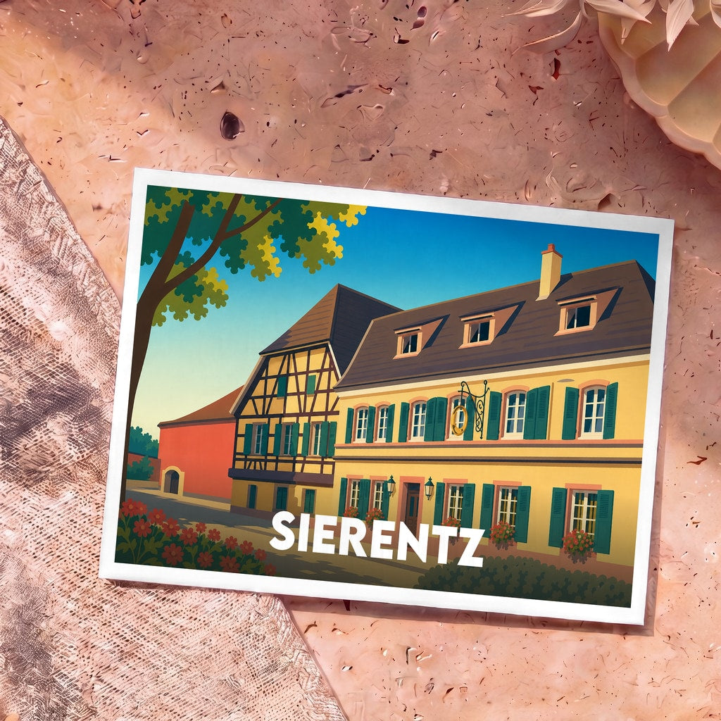 Carte postale souvenir de la ville de Sierentz illustrant ses maisons traditionnelles alsaciennes dans un style graphique épuré.