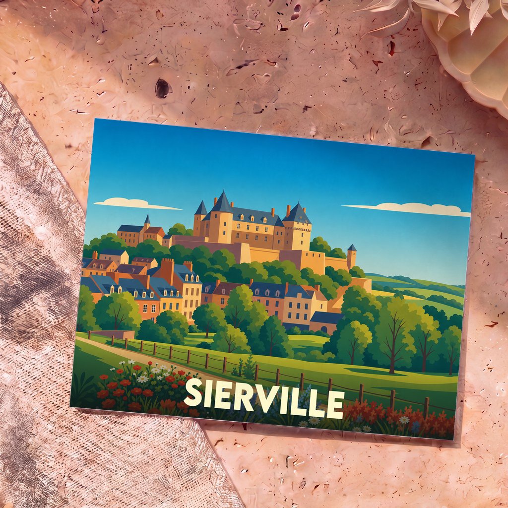 Carte postale souvenir de la ville de Sierville avec une illustration stylisée d'un château surplombant un village.