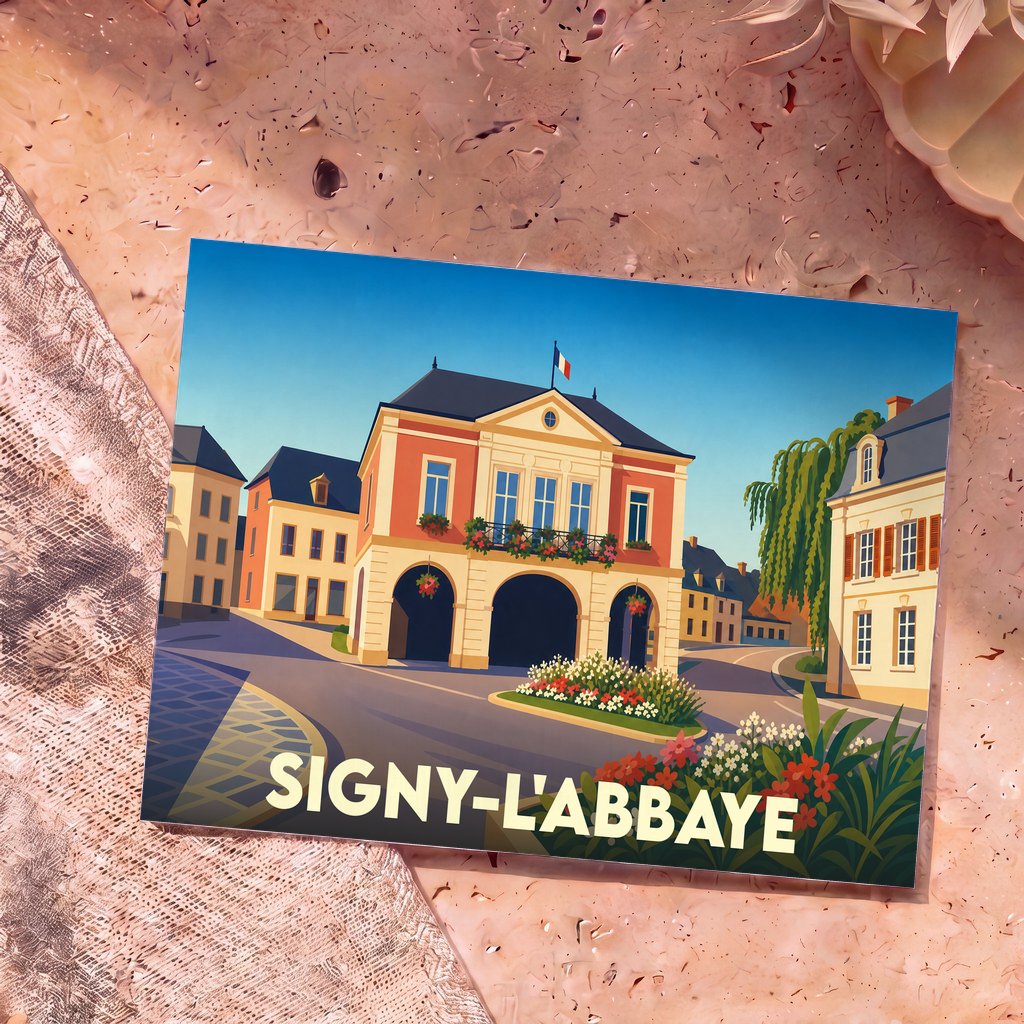 Carte postale souvenir de la ville de Signy-l'Abbaye avec une illustration colorée de l'hôtel de ville.