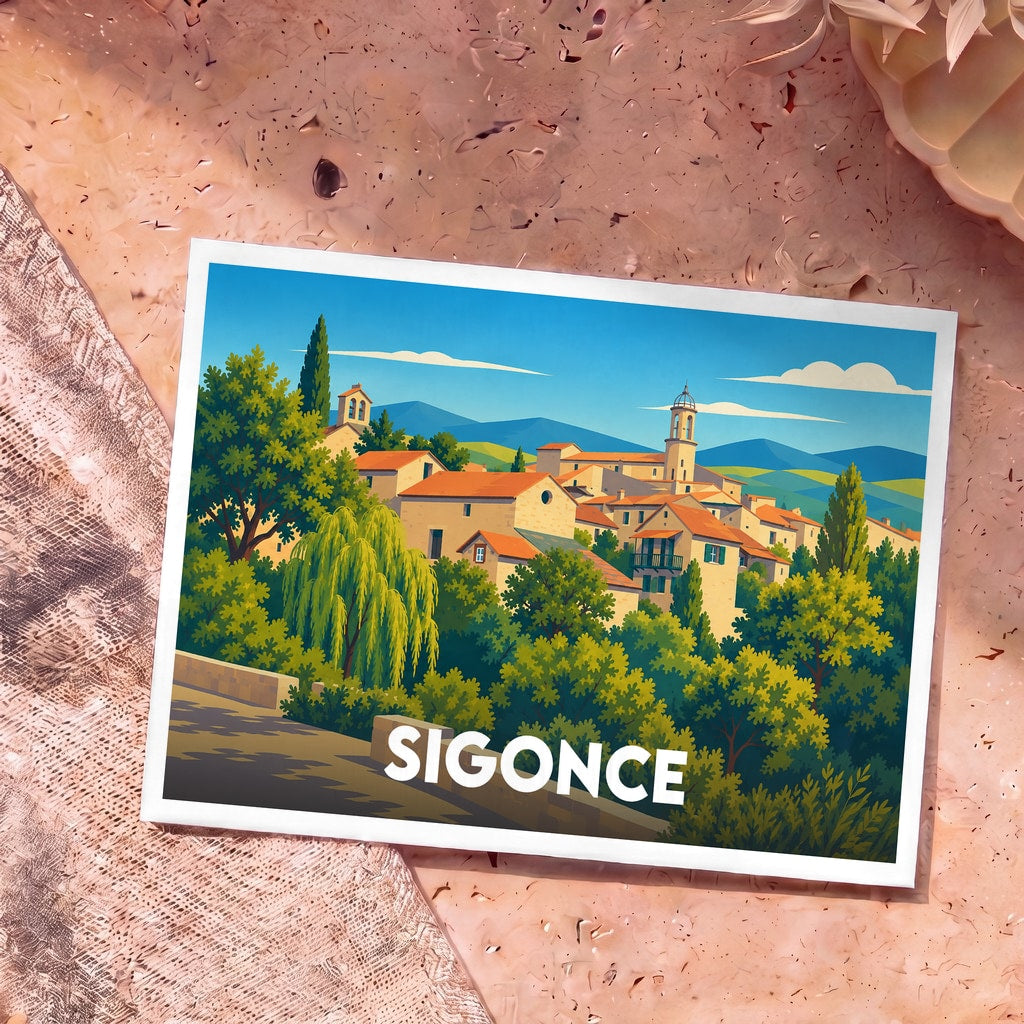 Carte postale souvenir de la ville de Sigonce avec une illustration stylisée.