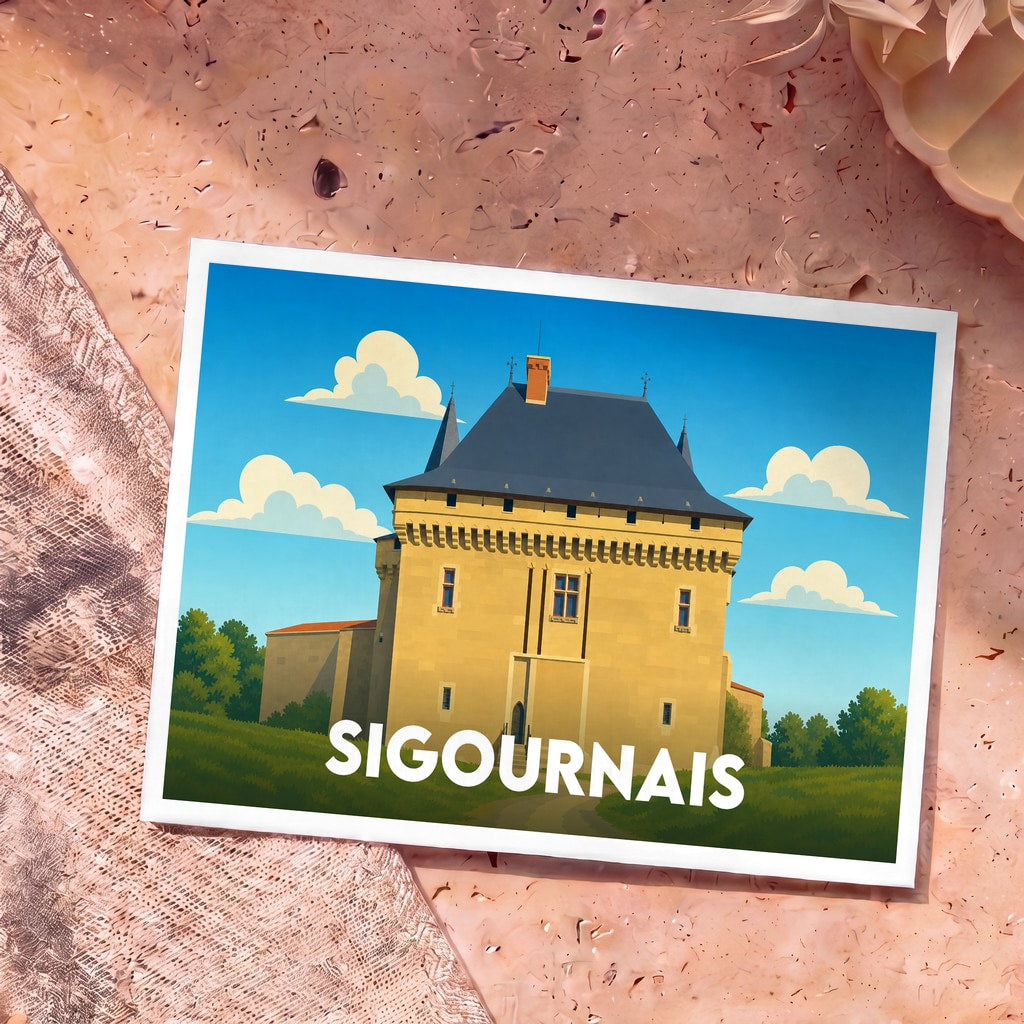 Carte postale souvenir de la ville de Sigournais représentant son château avec une illustration stylisée.